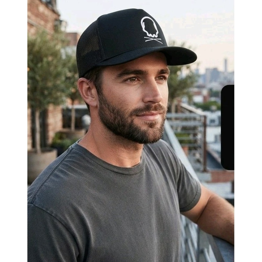 Bones Coffee Company Men's One Size Black Trucker Hat Logo Snapback Mesh